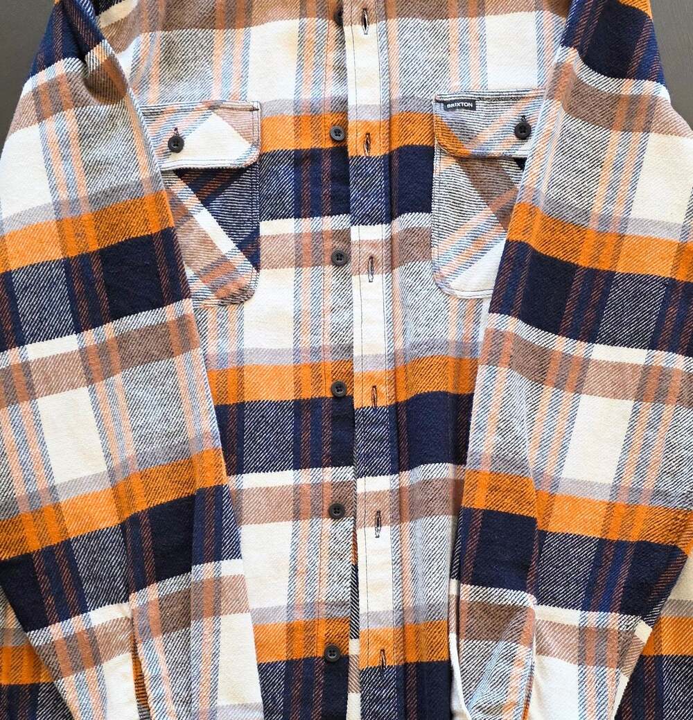Brixton Bowery Standard Fit Long Sleeve Plaid Flannel Shirt XL Orange Navy